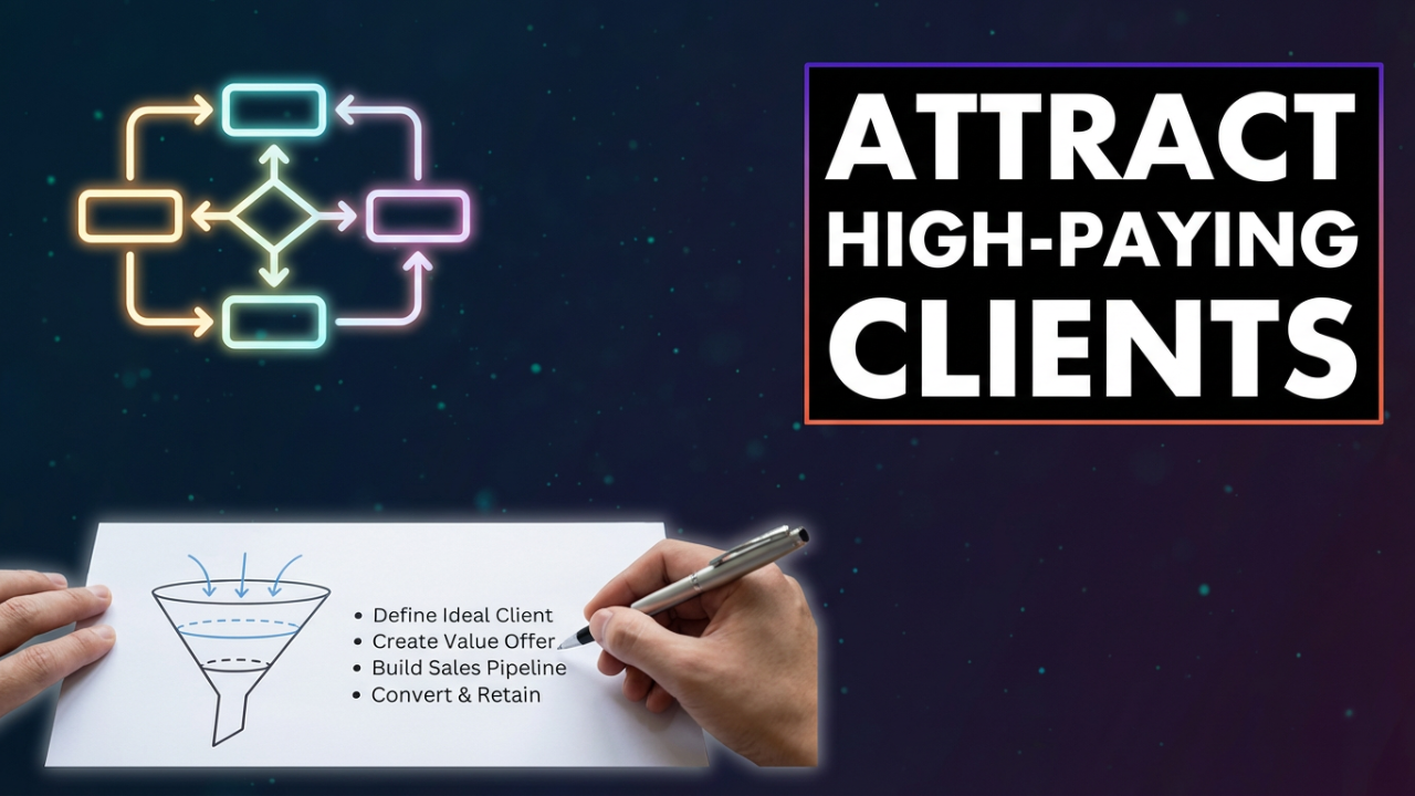 Attract_Quality_Clients_9be44c46-8acb-4e71-bcb2-e3529e24f630 Framework diagram showing how local marketing agencies attract high-paying clients through a structured sales and client growth system
