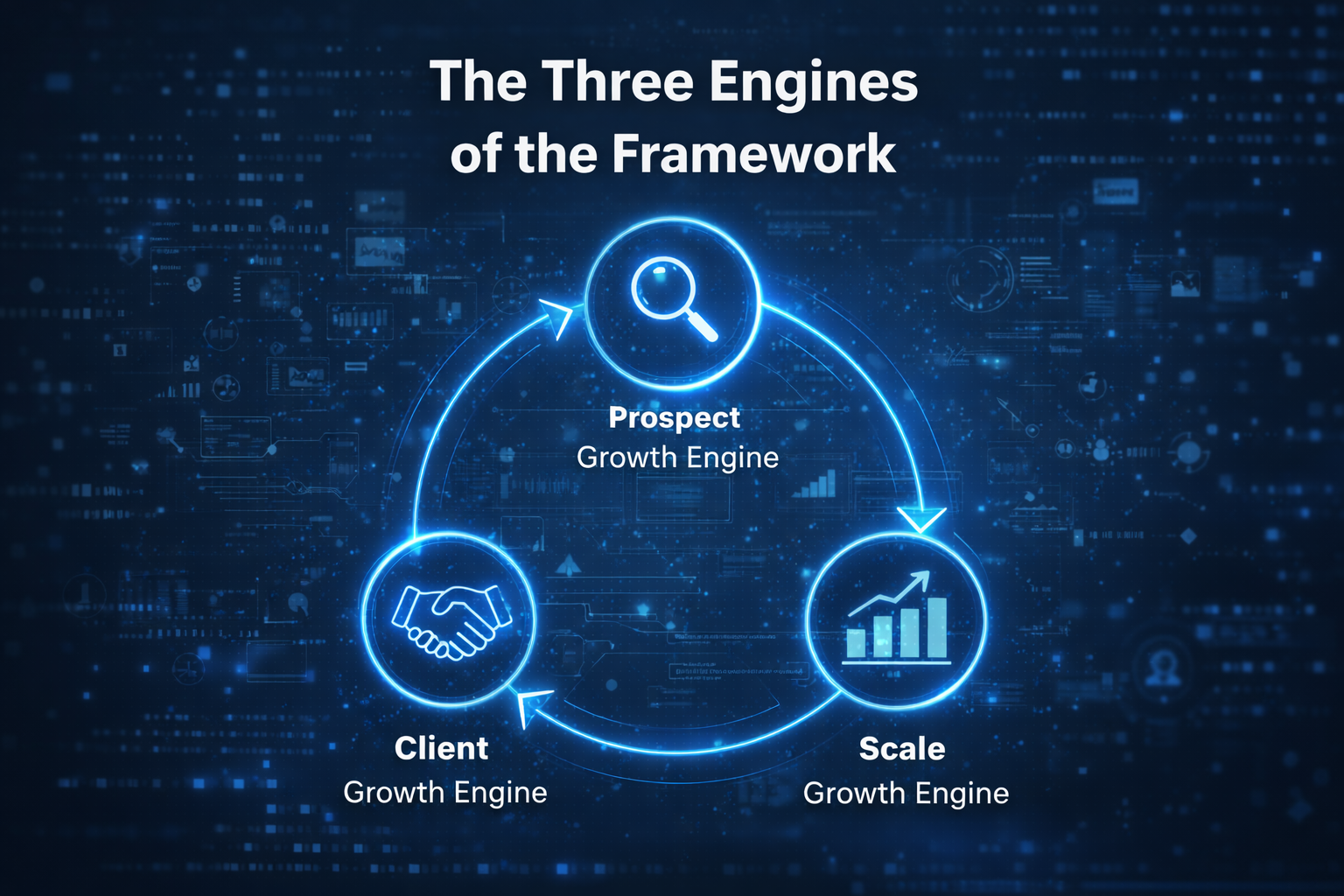 ChatGPT Image Dec 19, 2025, 06_34_03 PM Infographic illustrating the three connected engines of the AI–Human Agency Growth Framework — Prospect Growth Engine, Client Growth Engine, and Scale Growth Engine — a SaaS framework and business growth system for B2B SaaS marketing agencies using an AI–Human structure and SaaS license model.