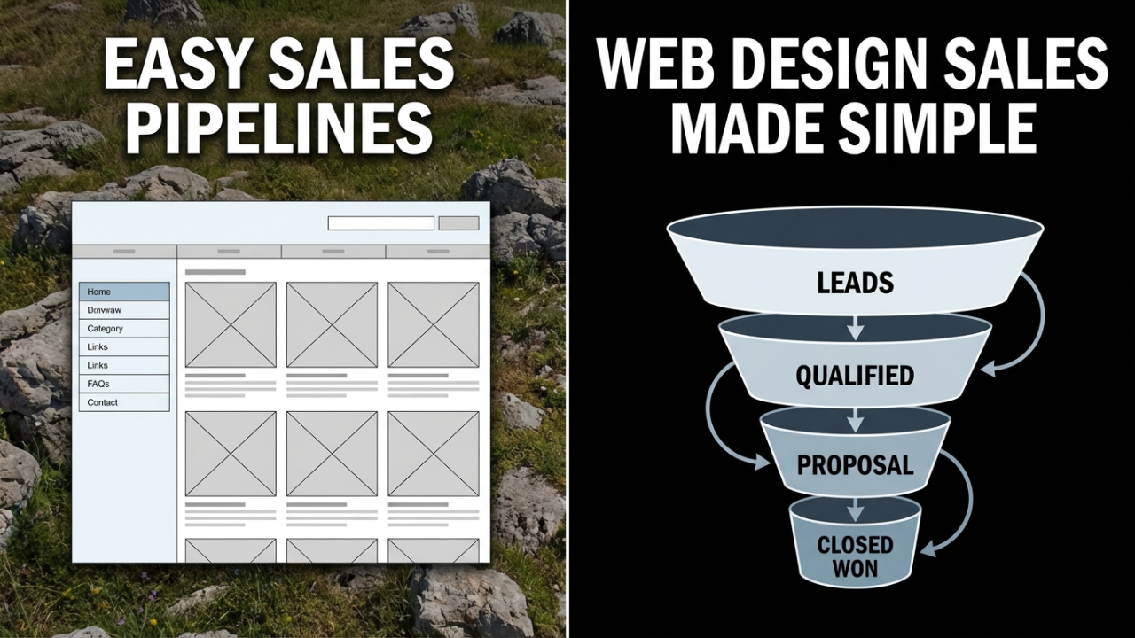Simple_Pipeline_Tips_1da11f7d-068f-40ca-af82-439f2be910a8 Web Design Sales Pipeline diagram showing a simple website layout alongside a sales funnel from leads to closed deals