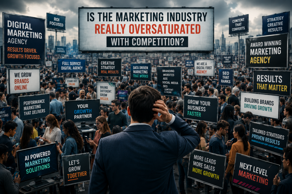 Marketing professionals competing in a crowded market illustrating marketing competitio