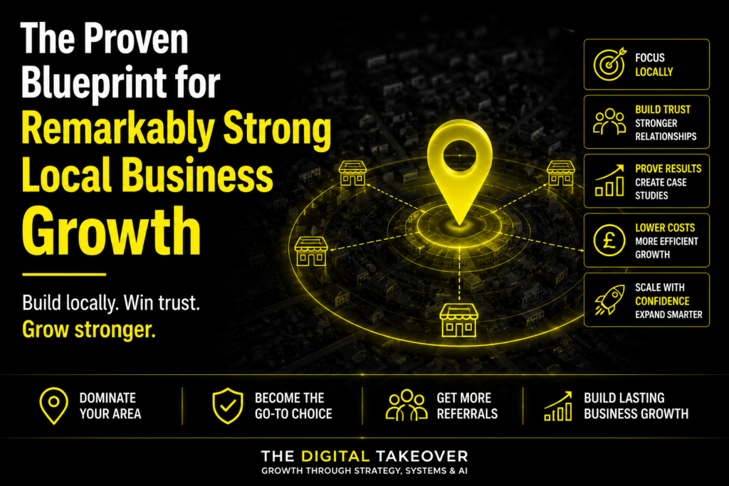 Bold black and yellow infographic promoting local business growth with a large central yellow map pin and circular network, plus right-side feature boxes: Focus Locally, Build Trust, Prove Results, Lower Costs, Scale with Confidence.
