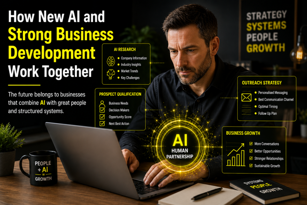 Business developer using AI technology to research, qualify prospects and build stronger business development strategies.