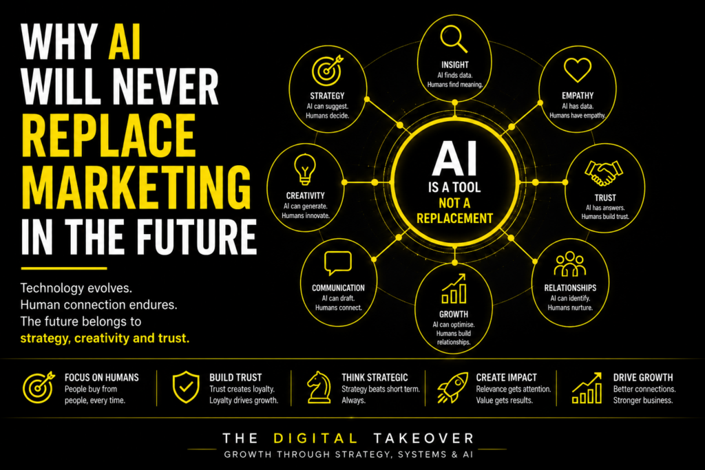 Infographic declaring AI is a tool, not a replacement, surrounded by circles labeled strategy, insight, empathy, creativity, trust, and growth.