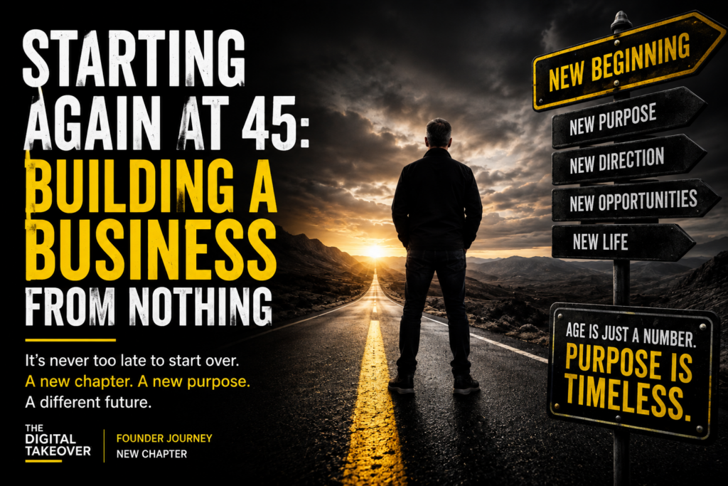 Man standing on a road toward sunrise with directional signs (New Beginning, New Purpose, New Direction, New Opportunities, New Life); bold headline about starting again at 45 and building a business from nothing, bottom branding text.