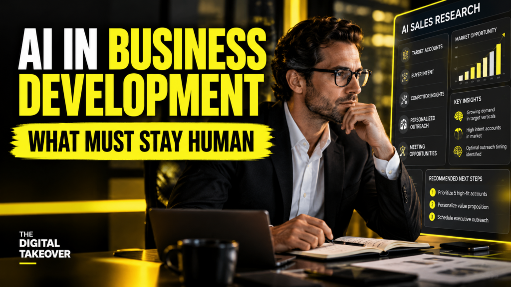 Business professional reviewing AI-supported prospect research before a sales conversation.